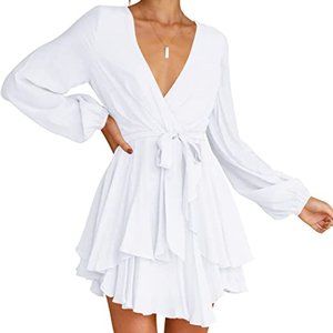 Women's Deep V-Neck Long Sleeve Waist Tie Ruffle Mini Dress